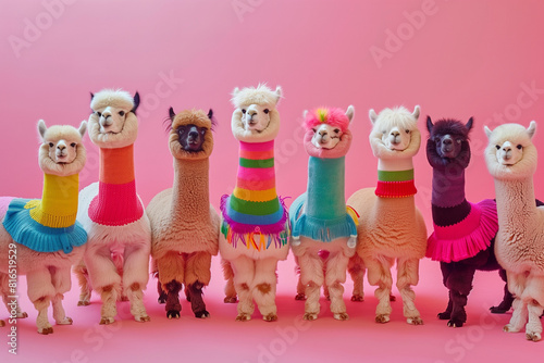 group of alpacas in colorful bright funny clothes on the pink background