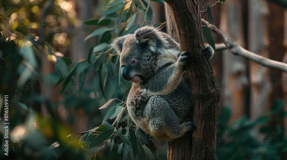 Fototapeta premium A mesmerizing 4K wallpaper featuring a koala bear perched on a branch of a tree, peacefully munching on eucalyptus leaves.