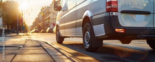 White minibus driving on city street with sunlight flare, conveying urban transport.