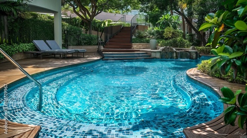 Pool with steps and a wooden deck.