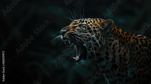 An atmospheric shot featuring the sleek lines and powerful features of a leopard s mouth  set against a dark backdrop  creating a stunning visual for a 4K wallpaper.