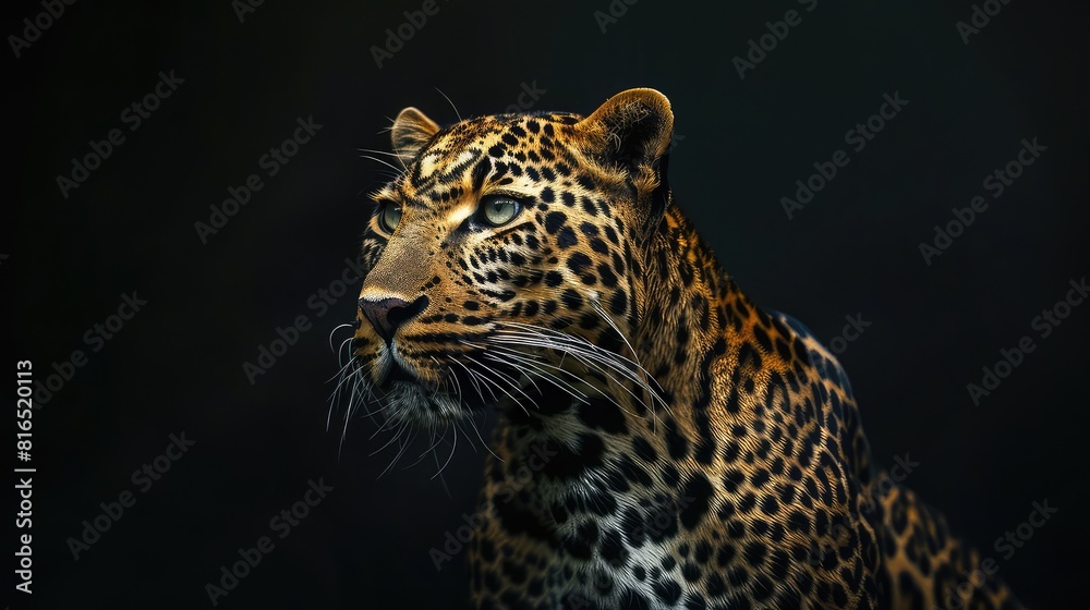 A dynamic shot capturing the intense beauty of a leopard against a sleek black background, with its striking markings and piercing eyes adding to the allure of this majestic creature in mesmerizing. A dynamic shot capturing the intense beauty of a leopard against a sleek black background, with its striking markings and piercing eyes adding to the allure of this majestic creature in mesmerizing.
