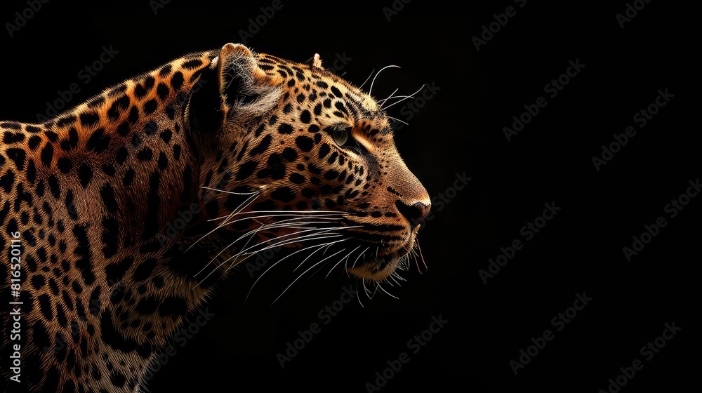 An inspiring image highlighting the grace and power of a leopard against a dramatic black background, with its sleek silhouette and intense gaze making it a stunning subject for a 4K wallpaper. 