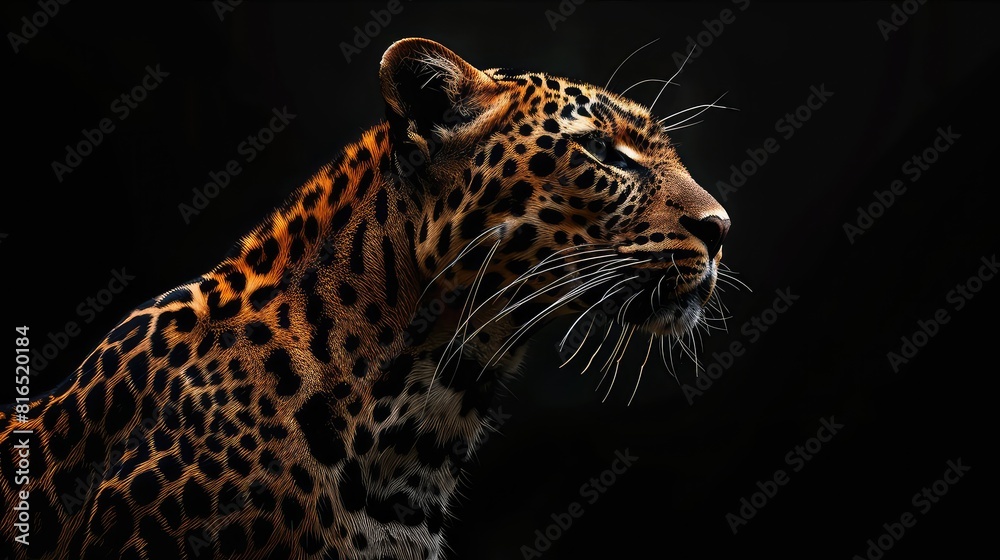Obraz premium A captivating shot showcasing the majesty of a leopard against a rich black background, with its sleek form and intense stare adding depth and intrigue to this stunning 4K wallpaper.