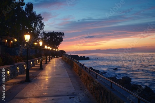 a walkway next to a body of water at night