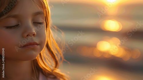 A happy little girl sits on the beach with her eyes closed, feeling the warmth of the sunlight on her face. Her nose wrinkles in a smile as she listens to the water and feels the breeze in her hair © Summit Art Creations