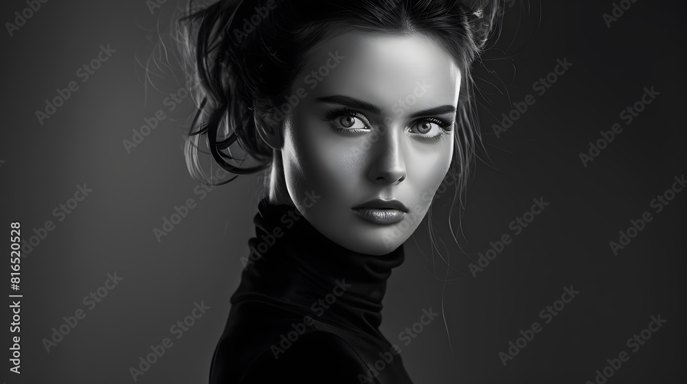Black and white fashion art studio portrait of beautiful elegant woman in black turtleneck Hair is collected in high beam Elegant ballet style : Generative AI Black and white fashion art studio portrait of beautiful elegant woman in black turtleneck Hair is collected in high beam Elegant ballet style : Generative AI