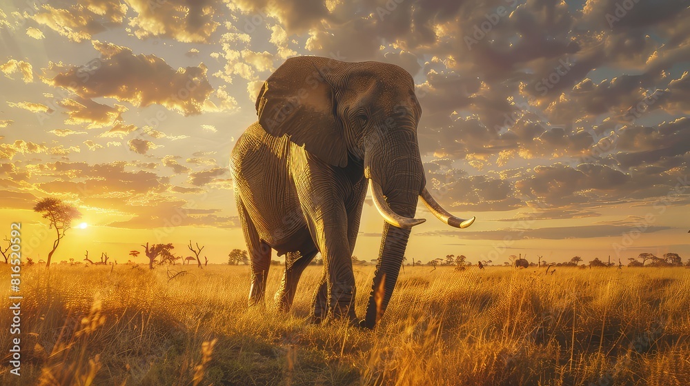 Fototapeta premium A captivating photo capturing the tranquility of an African elephant as it walks through the serene landscapes of National Park.
