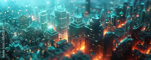 Abstract digital cityscape with neon lights.