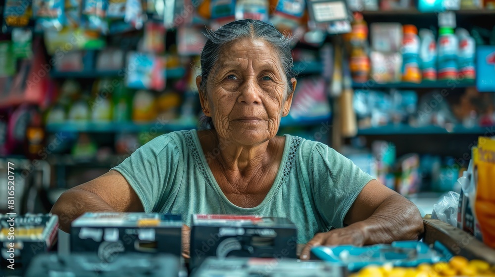 An elderly lady vendor looks directly at the camera from behind her store counter An elderly lady vendor looks directly at the camera from behind her store counter