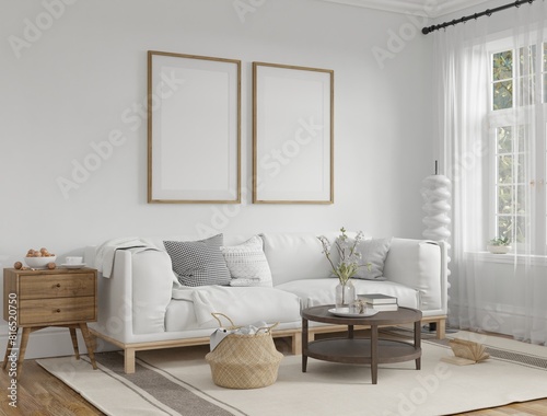 Mockup poster empty frame  scandinavian farmhouse room interior  background  3d rendering..