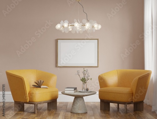 Fototapeta Naklejka Na Ścianę i Meble -  Frame interior, mockup frame, poster wood living room in empty picture interior in illustration 3d rendering..