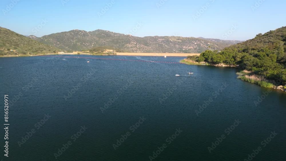 Boating Over Dixon Lake Reservoir In Escondido, San Diego California, United States. Aerial Drone Shot Boating Over Dixon Lake Reservoir In Escondido, San Diego California, United States. Aerial Drone Shot