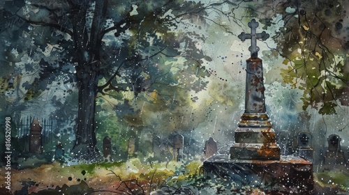 Capture the emotional fusion of raindrops and tears on a gravestone at eye level, conveying the blend of sorrow and nature in a poignant, evocative watercolor piece