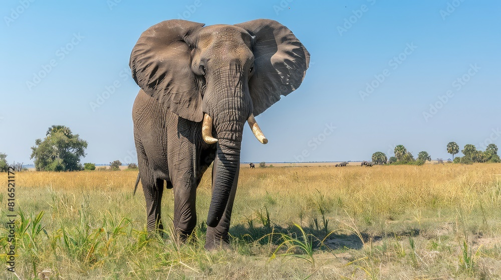 Fototapeta premium A majestic African elephant, Loxodonta africana, strolls gracefully through Chobe National Park in Botswana, its trunk swaying gently in the warm sunshine, creating a breathtaking 8K.