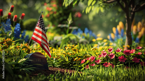 Veteran's grave, a Memorial Day tribute with a flag and fresh flowers in a verdant setting.