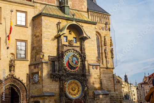 Famous Prague astronomical clock at the Old Town Square on a sunny autumn day with tourists. Photo taken October 10th, 2023, Prague, Czech.