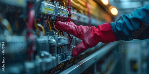 Close Up of Worker Wearing Red Gloves Servicing and Cleaning Air Conditioning Unit. Repair  Maintenance  HVAC  Technician  DIY and Home Improvement Concepts