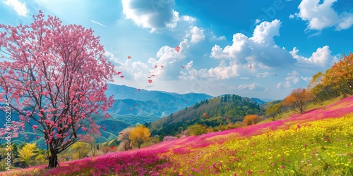 A captivating shot showcasing the vibrant colors of nature in a picturesque landscape, with colorful trees, pink mountains, and floating flowers creating a stunning visual against the backdrop.