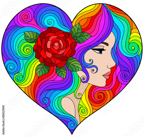 A stained glass illustration with a portrait of a girl with bright hair and a heart-shaped rose