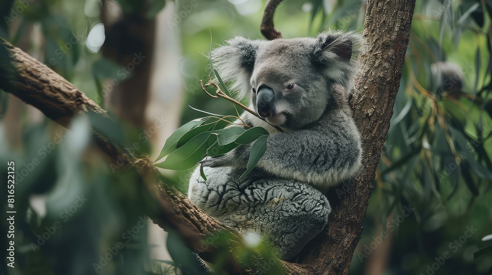 Fototapeta premium A captivating photo highlighting the adorable behavior of a koala bear as it feeds on leaves while resting on a tree branch, offering a charming scene for a high-quality 4K wallpaper. 