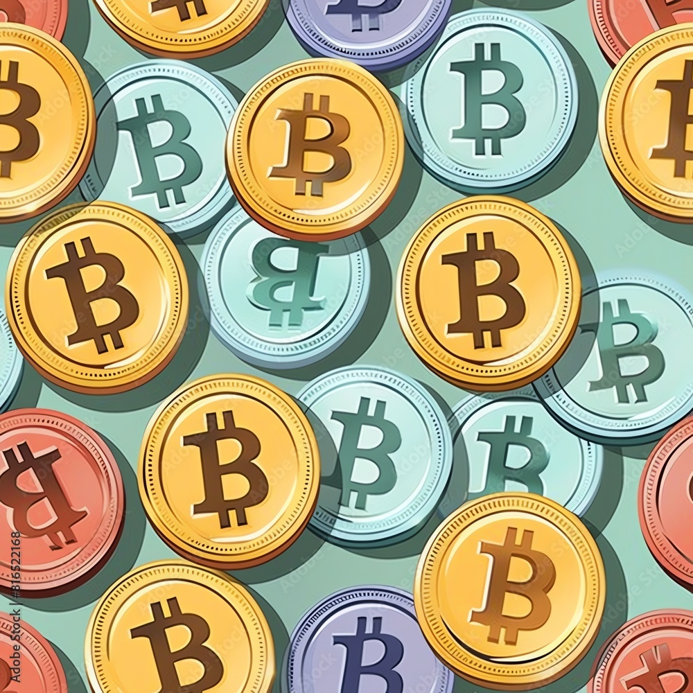 A pattern of colorful Bitcoin symbols on a green background. A pattern of colorful Bitcoin symbols on a green background.