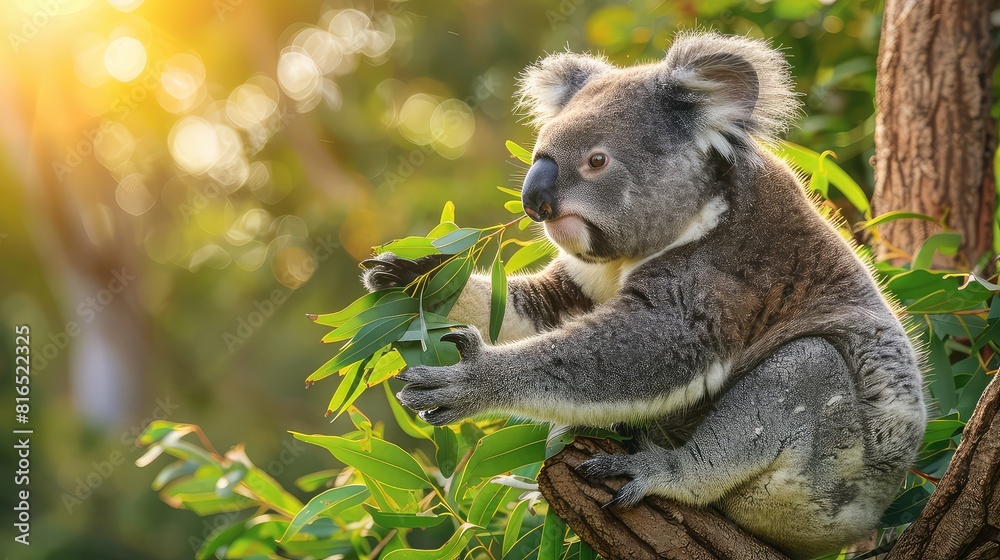 Fototapeta premium A dynamic image featuring a close-up view of a koala bear engaged in eating leaves while perched on a tree branch, providing a captivating moment for a high-resolution wallpaper. 