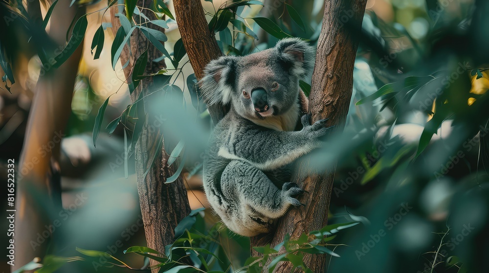 Fototapeta premium An inspiring shot capturing the peacefulness of nature with a koala bear nestled on a tree branch, surrounded by lush green leaves, making it a perfect choice for a calming 4K wallpaper.