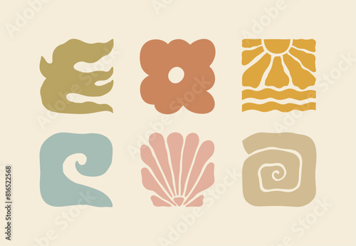 Boho Summer Beach Illustration Set. Groovy Geometric Sun, Seashells, Bird, Wave and Flower. Vector Abstract Square Tropical Icons in Freehand Retro Style for Logo, Print, Pattern, Poster, Web Design