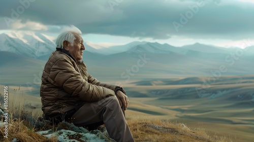 senior man sitting on the rock, mountains background 