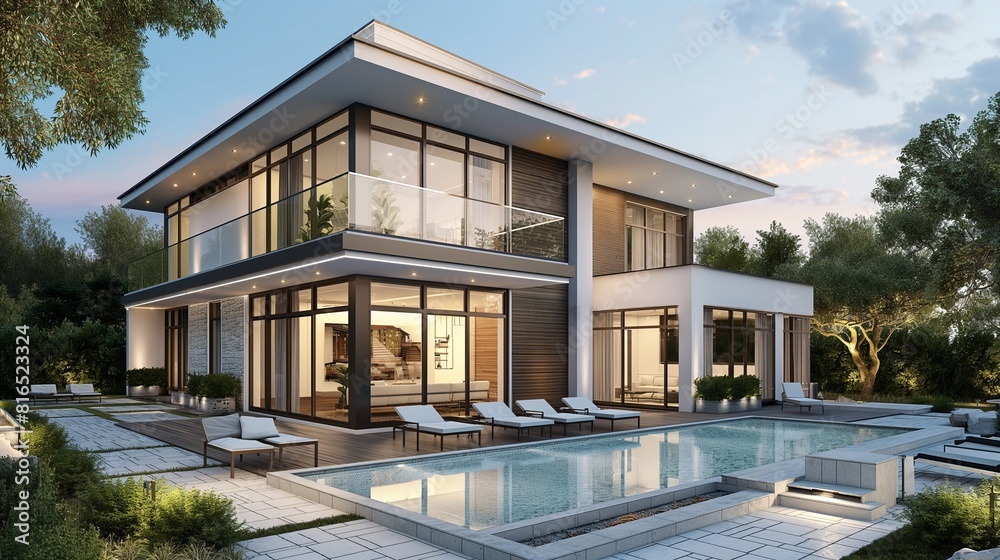 A Modern Two-Story House With A Swimming Pool In Front Of It. A Modern Two-Story House With A Swimming Pool In Front Of It.