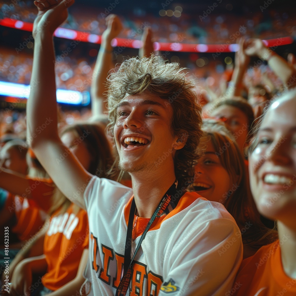 Youthful and cheerful young man cheering with friends at a live sports game in a stadium setting Youthful and cheerful young man cheering with friends at a live sports game in a stadium setting