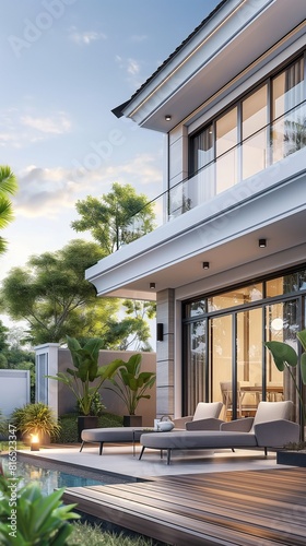 Vertical Image Of A Modern Two-Story House With A Swimming Pool In Front Of It.