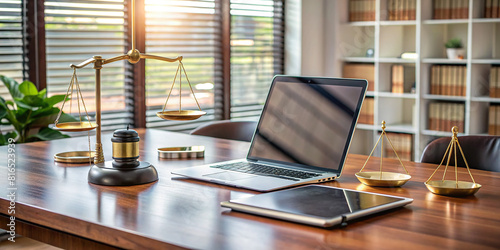 A sleek modern office desk cluttered with legal documents, a laptop, and a smartphone displaying legal apps