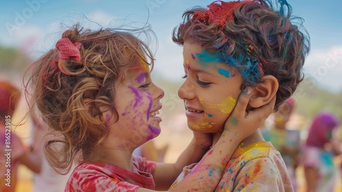 Two young children are shown from the back, playing and covered in colorful powder at a Holi festival, with their faces anonymized photo