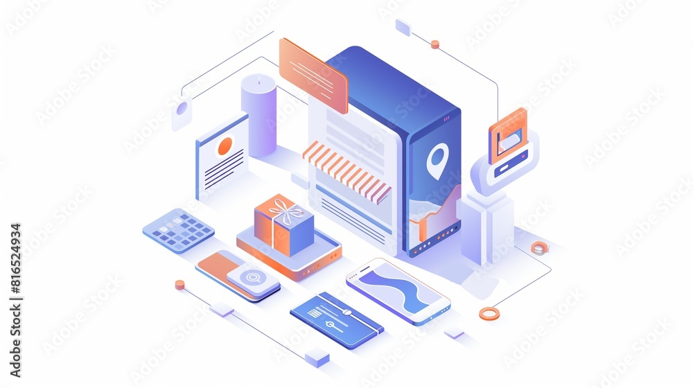 An Isometric Illustration Of A Shopping Mall Including A Clothing Store, A Bookstore, And The Electronics Store.