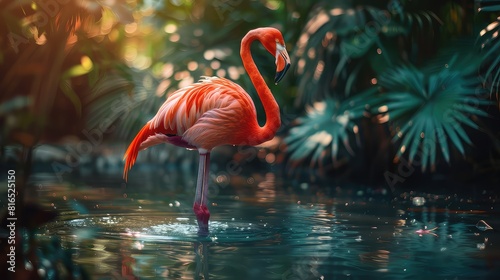 An engaging stock photo featuring a flamingo gracefully standing in the water  with the picturesque beauty of the natural landscape providing an ideal background for a 4K wallpaper.