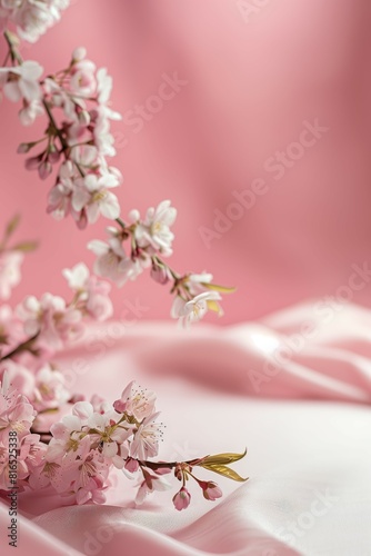 Soft cherry blossoms resting on flowing pink silk fabric  creating a gentle and romantic visual perfect for springtime. 