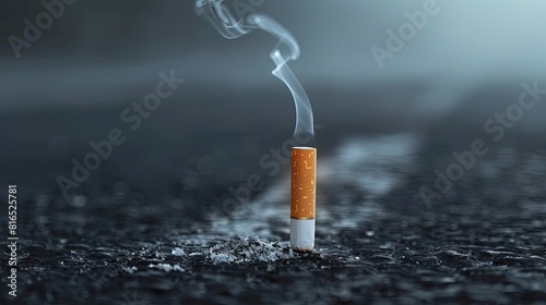 Cigarette placed on the ground emitting smoke, emphasizing World No Smoking Day concept. Abstract background of cigarette smoke on dark grey backdrop. Generative AI