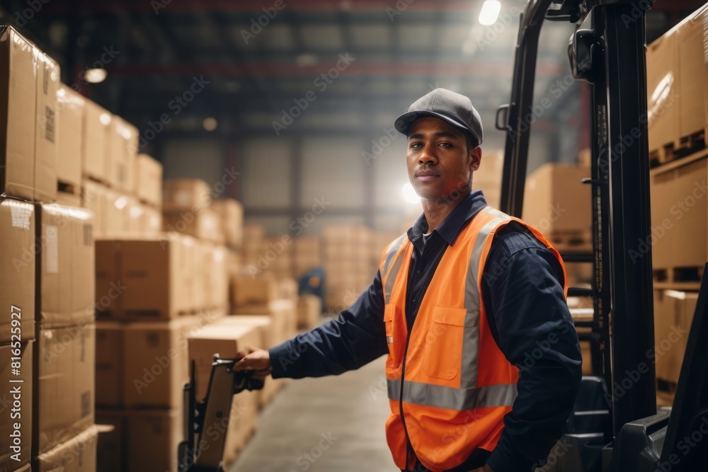 Warehouse worker driver wearing safety suit loading cardboard boxes with forklift in warehouse Warehouse worker driver wearing safety suit loading cardboard boxes with forklift in warehouse