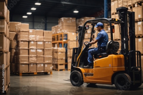 Warehouse worker driver wearing safety suit loading cardboard boxes with forklift in warehouse