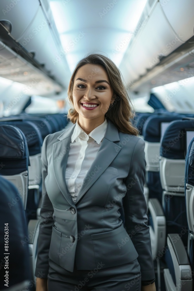 A smiling flight attendant standing in the aisle of an airplane cabin A smiling flight attendant standing in the aisle of an airplane cabin