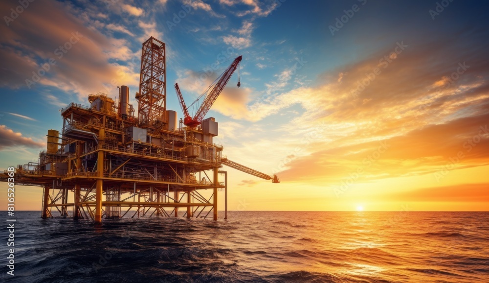 An offshore drilling oil rig in the ocean, under the sunset sky An offshore drilling oil rig in the ocean, under the sunset sky