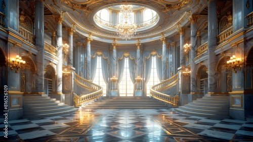 An illustration of a medieval banquet room in baroque style with columns  stairways  curtained windows  and gold chandeliers.