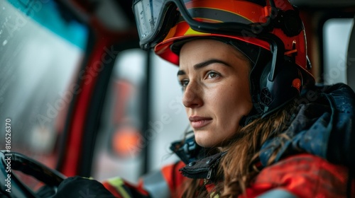 Focused female firefighter preparing for emergency response in fire truck