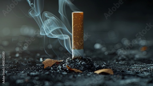 A cigarette burning on a dark grey background, symbolizing smoking and World No Smoking Day concept. Abstract smoke style with copy space. Generative AI