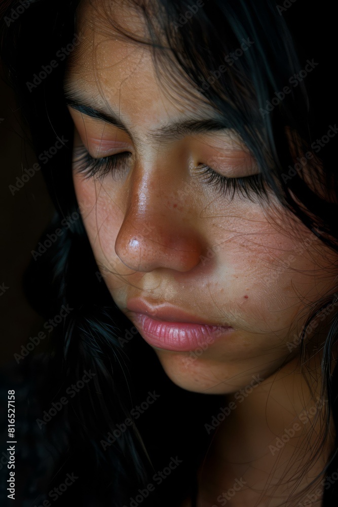 Fototapeta premium Close-up portrait of a young woman with her eyes closed. AI.