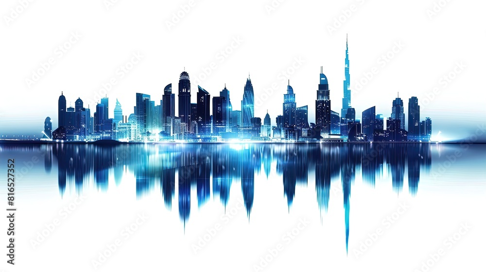 Naklejka premium A city skyline is reflected in the water