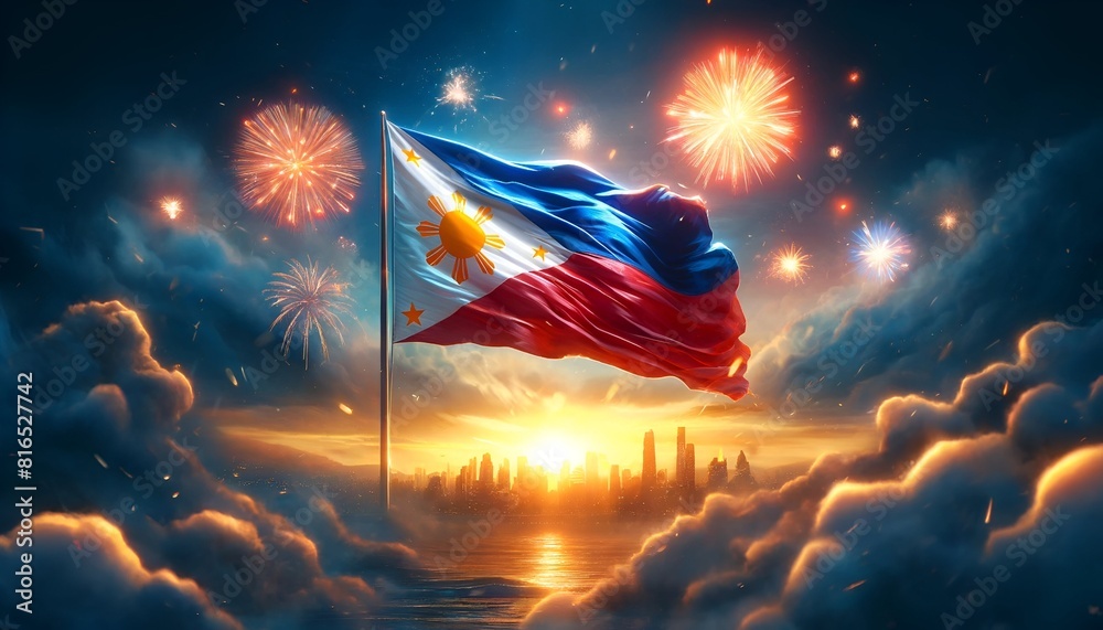 Philippines Independence Day background with waving flag and fireworks