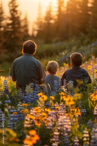 A father and his two sons are sitting in a field of flowers, enjoying the sunset. AI.